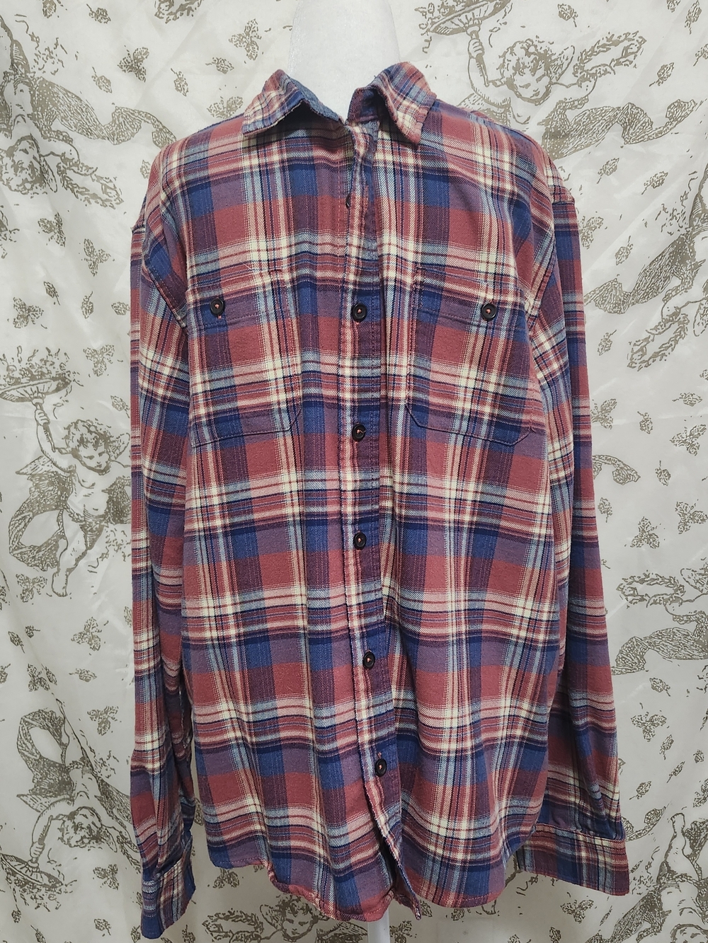 Tailor Vintage Luxe Performance Size L Red Blue Plaid Button Down Collared Shirt